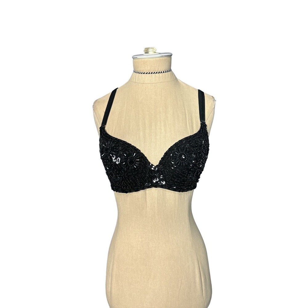 Tender Secrets Black Floral Sequin Rhinestone Bead Bralette Sexy Size 34B